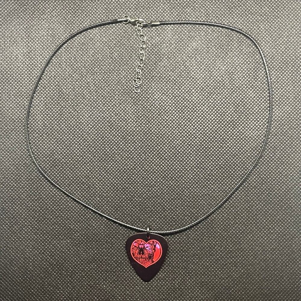 Handcrafted Pink Heart Skull Guitar Pick Necklace